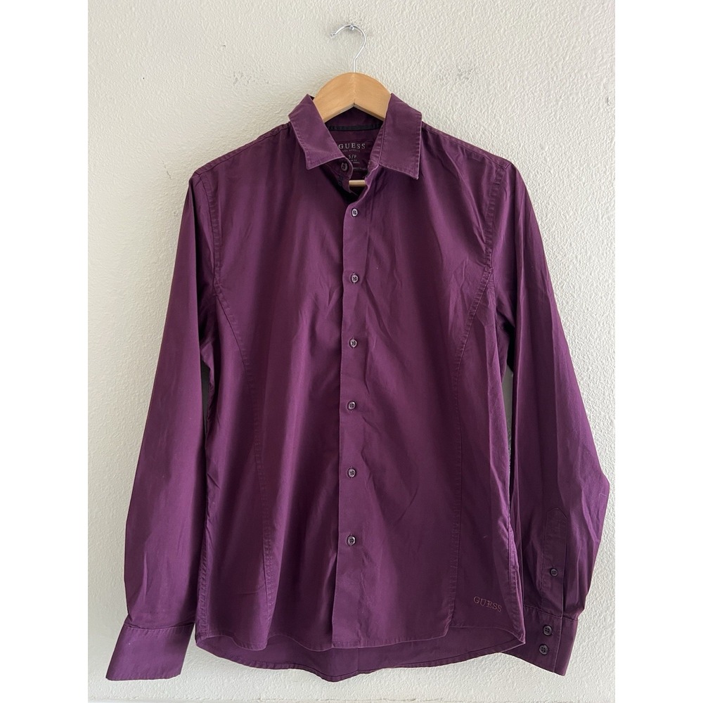 Guess Button Down Shirt Mens Size Small Slim Fit Long Sleeve Burgundy Preppy